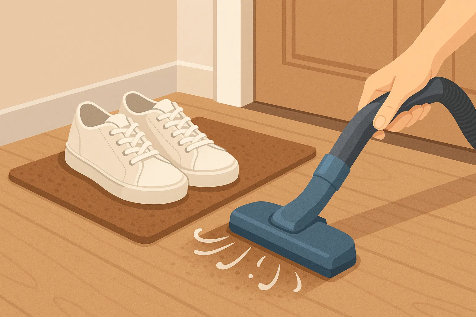 현관-신발-틈새-먼지를-줄이는-방법을-상징적으로-표현한-일러스트-이미지로-현관에-놓인-신발과-먼지를-청소하는-장면을-묘사