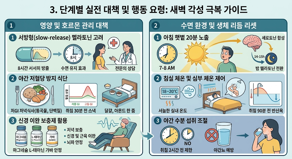 새벽 각성 극복을 위한 영양·환경 실전 대책: 서방형 멜라토닌, 저GI 식단, 이완 영양소, 아침 햇볕, 체온 제어, 야간 수분 조절.