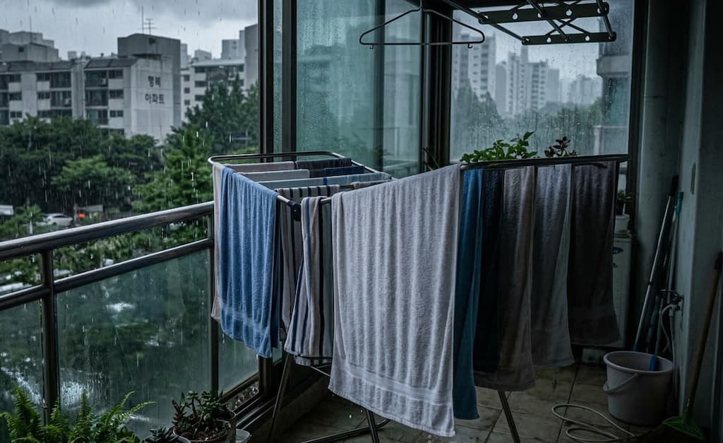 장마철 베란다에서 수건이 잘 마르지 않는 모습