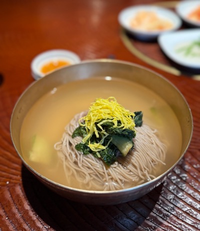 평양냉면 한 그릇, 육수에 담긴 면과 고명