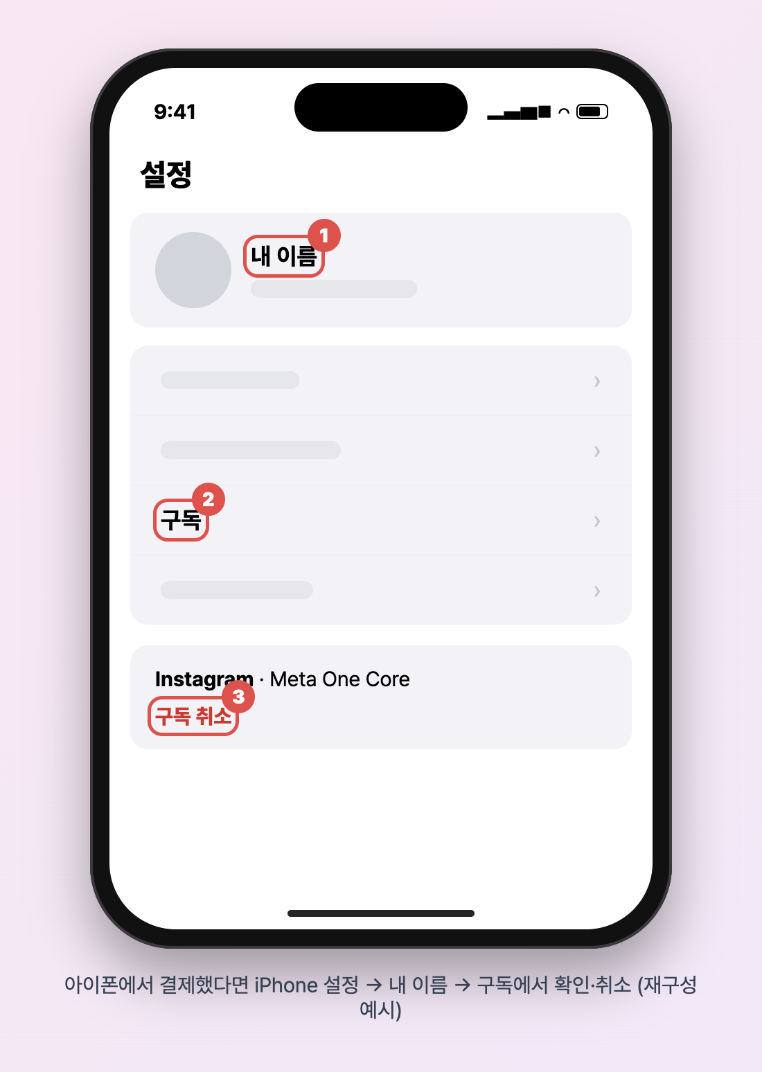 아이폰 설정에서 내 이름, 구독을 차례로 눌러 Instagram의 Meta One Core 구독을 취소하는 재구성 화면