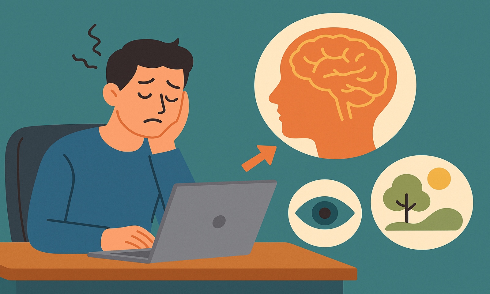 이 이미지는 장시간 모니터 사용으로 지친 청년이 책상에 기대어 있는 모습을 중심으로 구성되어 있다. 배경에는 뇌, 눈, 자연을 상징하는 요소들이 나뉘어 배치되어, 디지털 피로와 회복 사이의 대비를 시각적으로 표현한다. 전체적으로 차분한 컬러와 단순한 디자인이 뇌의 이완과 회복이라는 메시지를 효과적으로 전달한다.
