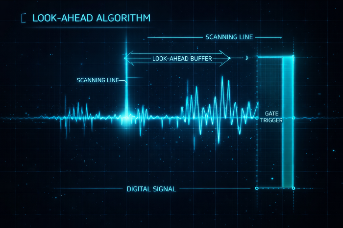 신호를 미리 분석하여 지연 없이 개폐하는 디지털 룩어헤드 게이트 알고리즘 시각화