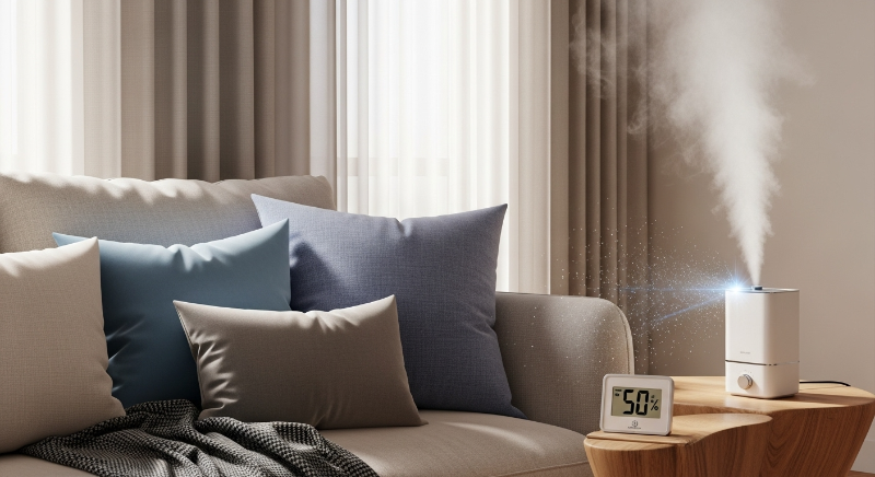 겨울철 따뜻한 거실에서 가습기가 작동하며 적정 습도를 유지하고 있는 평온한 모습