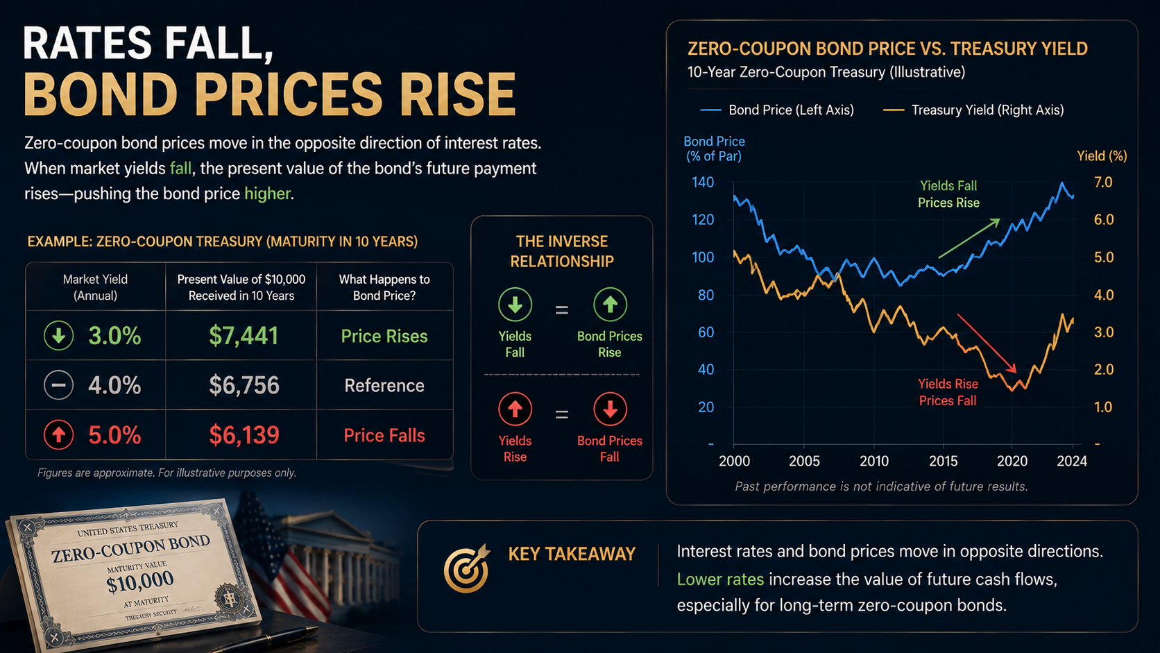 Inverse relationship between interest rates and zero-coupon bond prices as Treasury yields fall