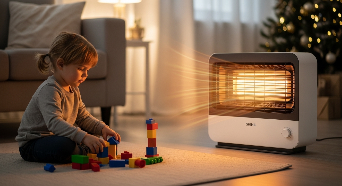 따뜻하고 아늑한 거실에서 아이가 신일 팬히터와 안전거리를 두고 블록 놀이를 하는 모습. 신일 팬히터의 안전성을 강조.