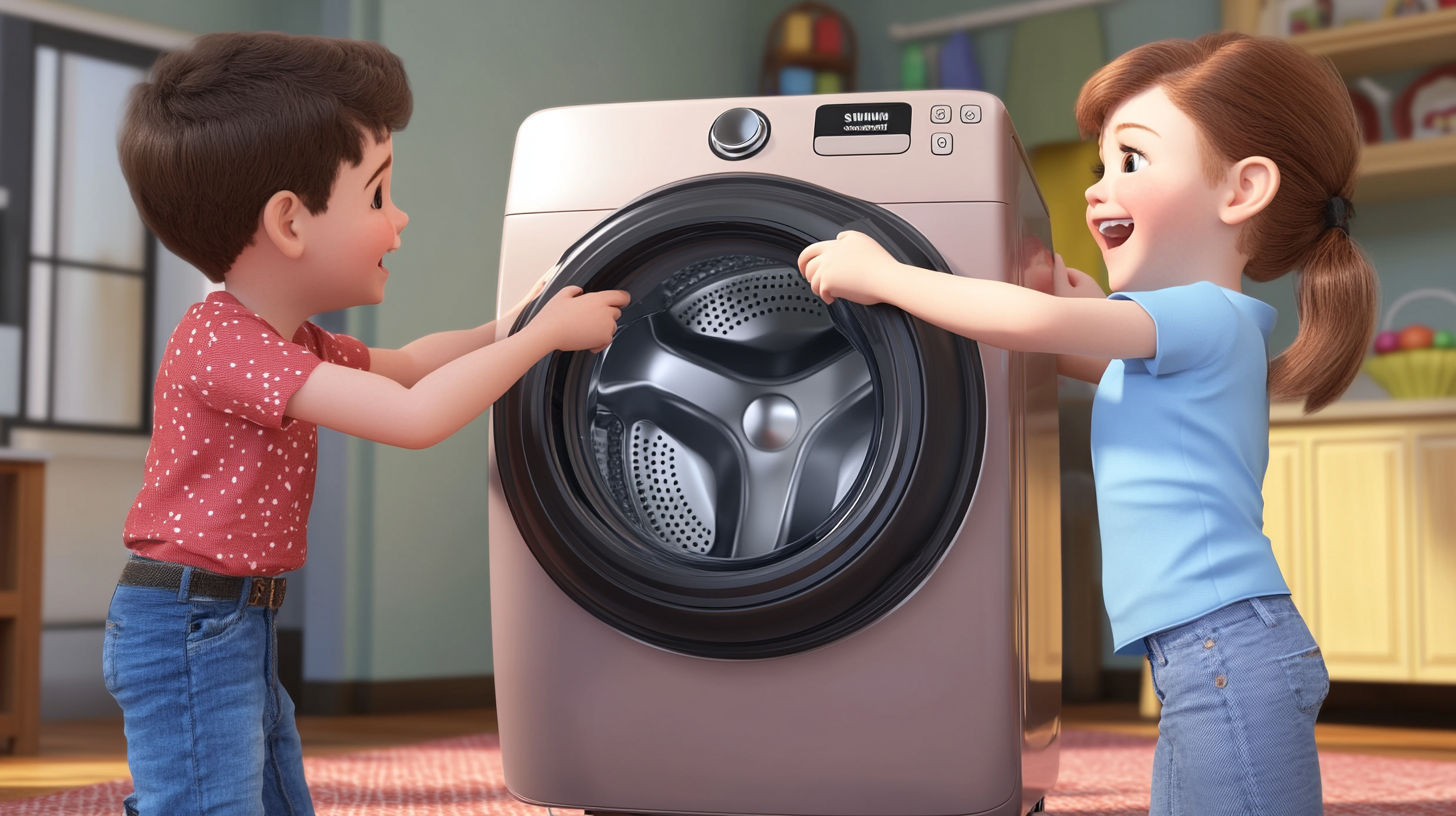 조용하고 강력한 성능을 자랑하는 삼성 세탁기를 즐겁게 사용하는 가족의 모습