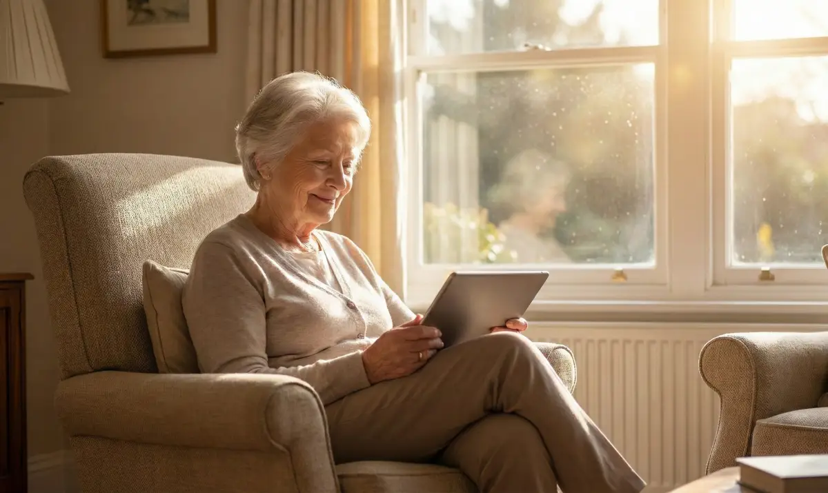 거실에서 태블릿을 보며 편안하게 미소 짓는 노년 여성의 모습