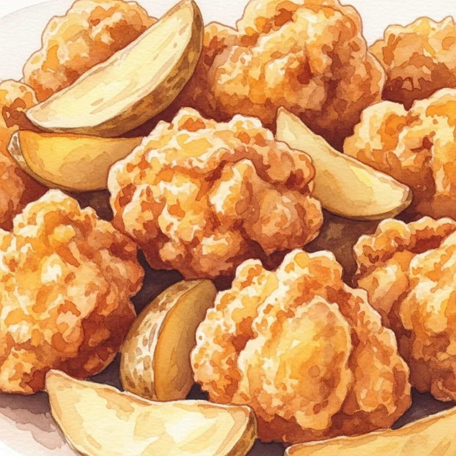 바삭하게 튀겨진 먹음직스러운 감자치킨 클로즈업.