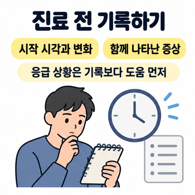 시작 시각과 변화 및 동반 증상을 기록하되 응급 상황은 도움을 먼저 받으라는 문구와 메모하는 인물 및 시계 그림