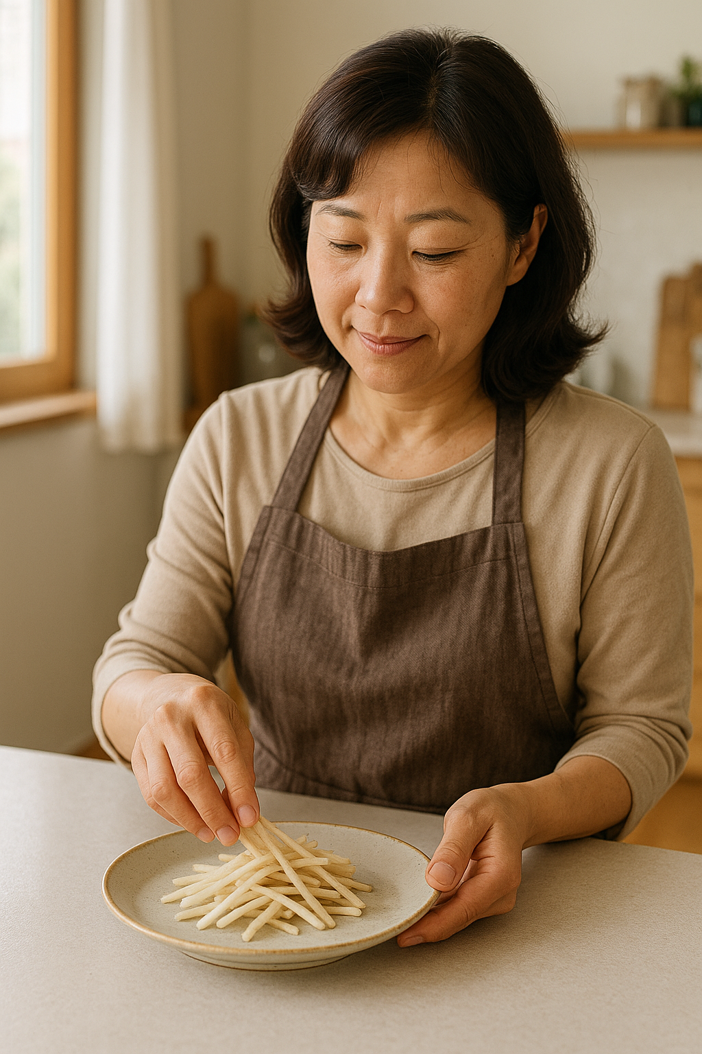 우엉채 요리를 준비하며 소량만 접시에 담는 한국인 주부, 주방 자연광