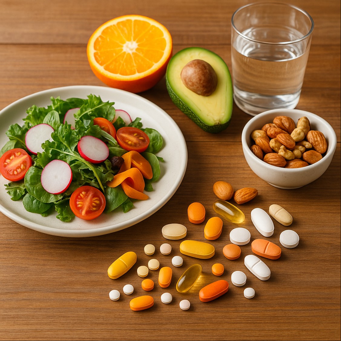 비타민 흡수율 높이는 법 — 신선한 식사와 함께 비타민을 섭취하는 장면