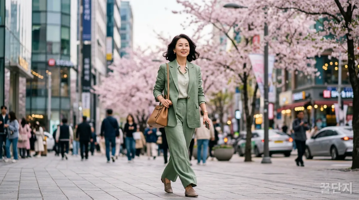 2026년 봄 트렌드 컬러의 톤온톤 코디를 한 40대 한국 여성이 한국 도심 거리를 걷고 있다.