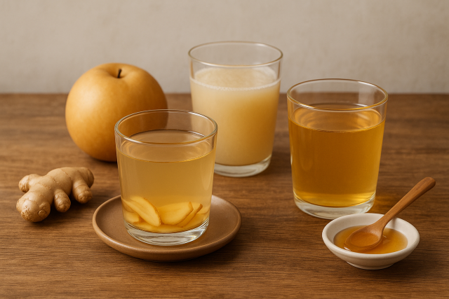 생강차&amp;#44; 배즙&amp;#44; 꿀물이 담긴 건강식 상차림