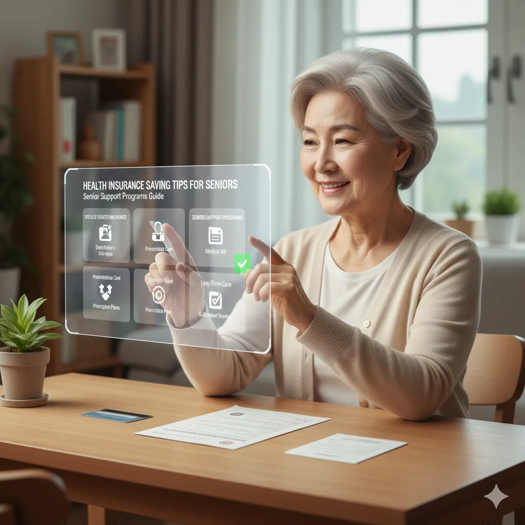 노년층 부부가 건강보험 활용법과 의료비 지원제도 안내 책자를 살펴보며 병원비 절약 방법을 알아보는 모습