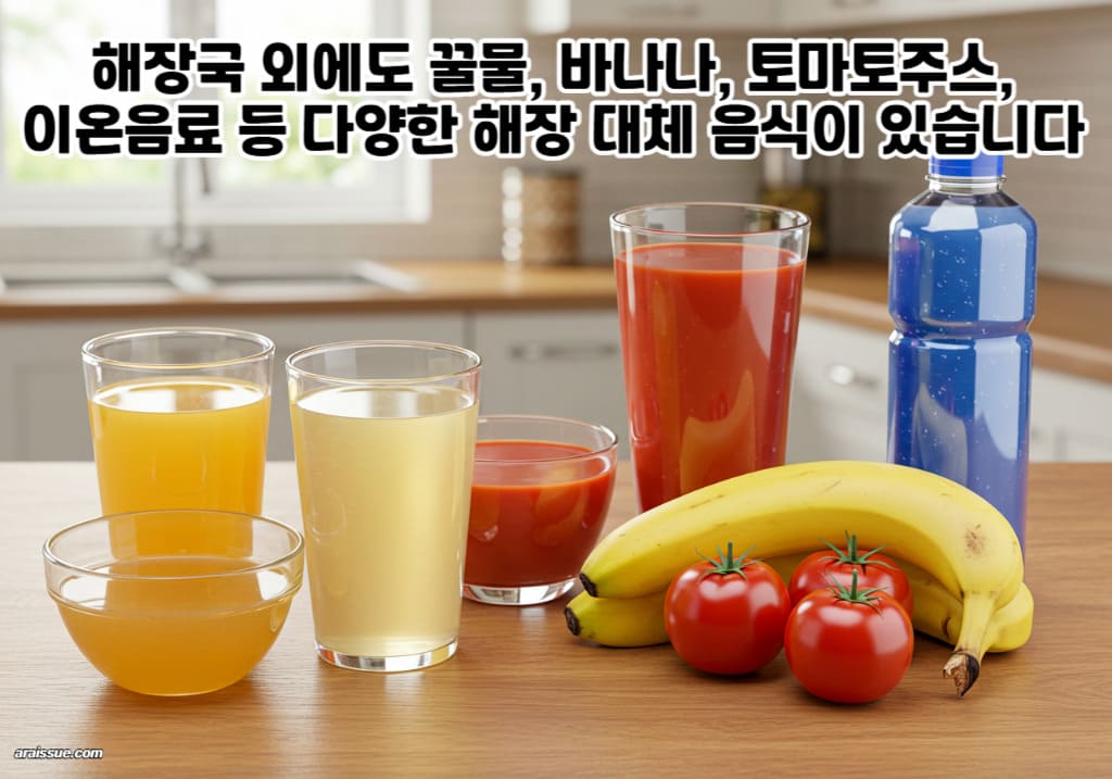 해장국 외에도 꿀물, 바나나, 토마토주스, 이온음료 등 다양한 해장 대체 음식이 있어요.