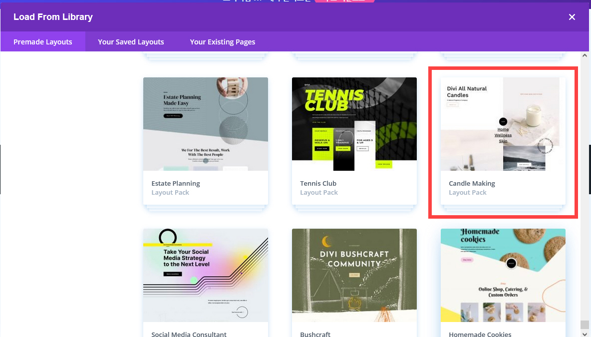 Elegant Themes 디비 테마 레이아웃 팩 로드하기