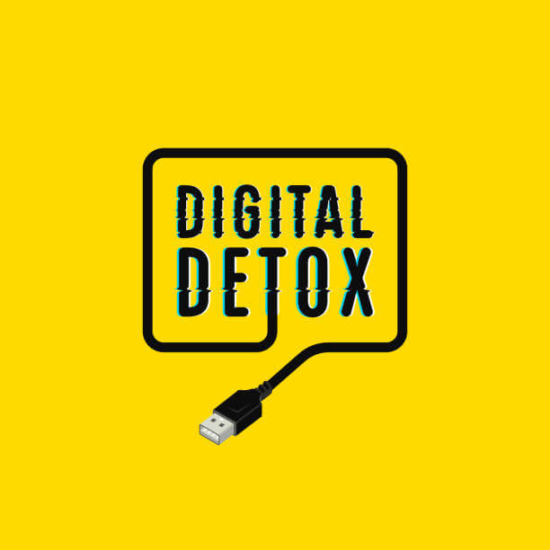 노란배경에 전선으로 DIGITAL DETOX라고 써있는 사진