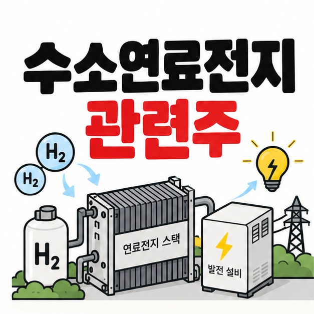 연료전지 스택과 수소 아이콘 옆에 수소연료전지 관련주 문구를 크게 보여주는 대표 카드