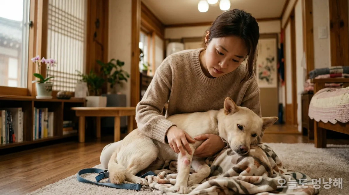 예방접종 후 불편해하는 강아지를 돌보는 반려인의 모습