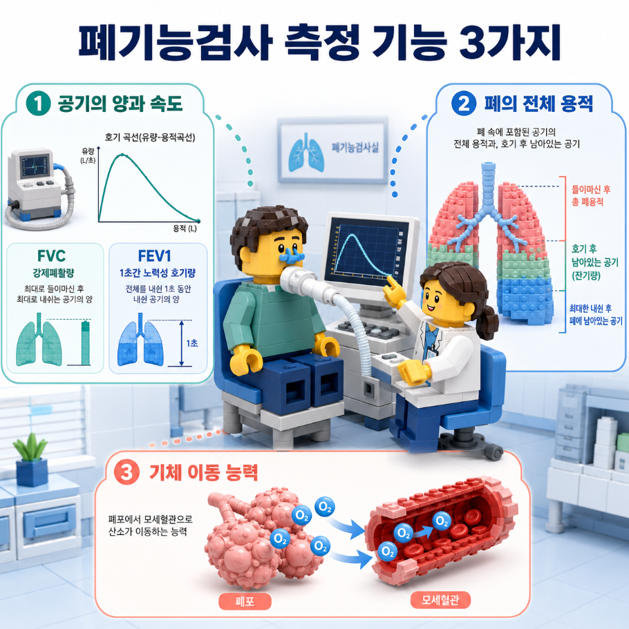 폐기능검사에서 측정하는 호흡 기능 3가지를 보여주는 의료 인포그래픽