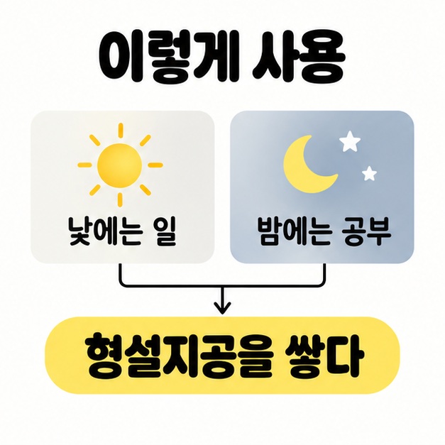 낮에는 일하고 밤에는 공부하는 과정을 형설지공을 쌓다라는 표현으로 연결한 예문 도식