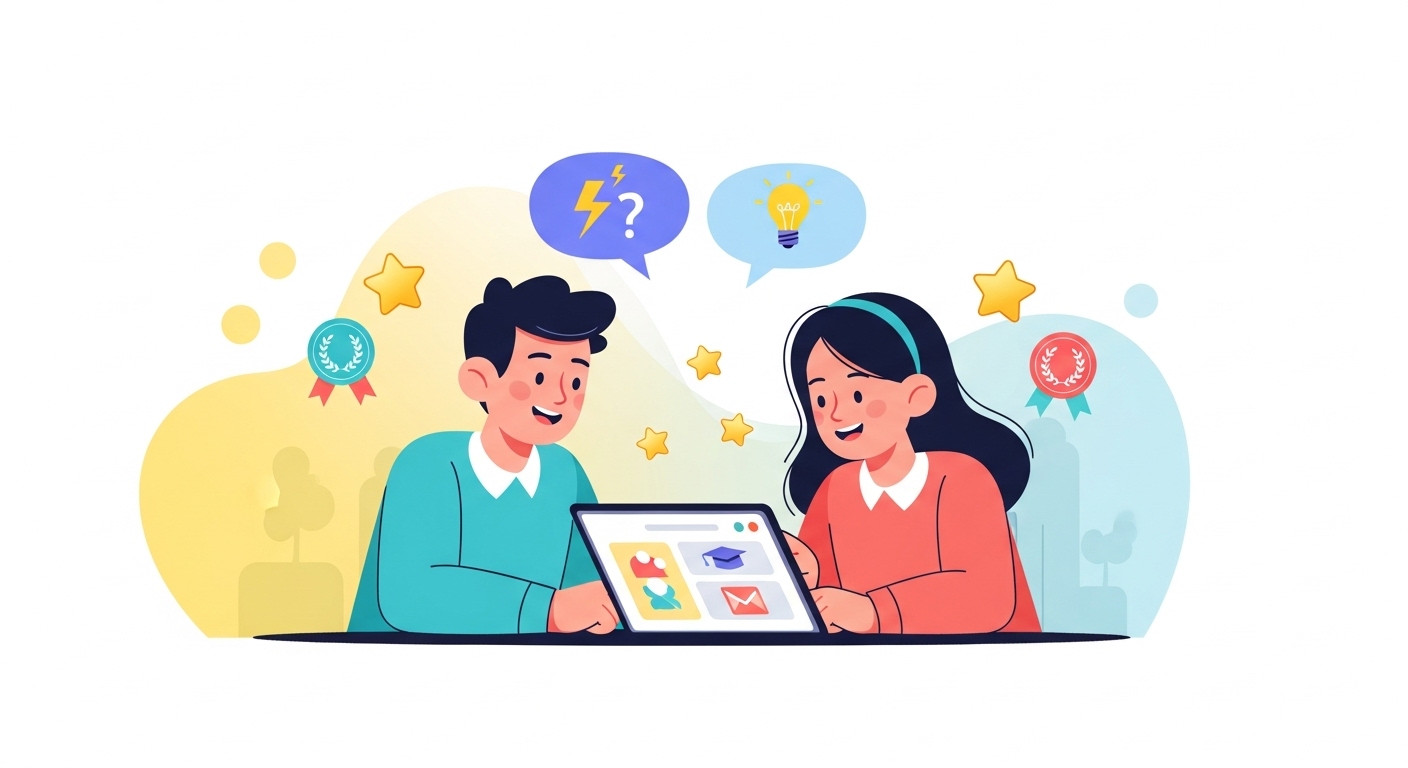 두 학생이 태블릿으로 학습 앱을 함께 사용하며 즐겁게 협력하고 경쟁하는 모습, 주변에 떠다니는 게임 요소들