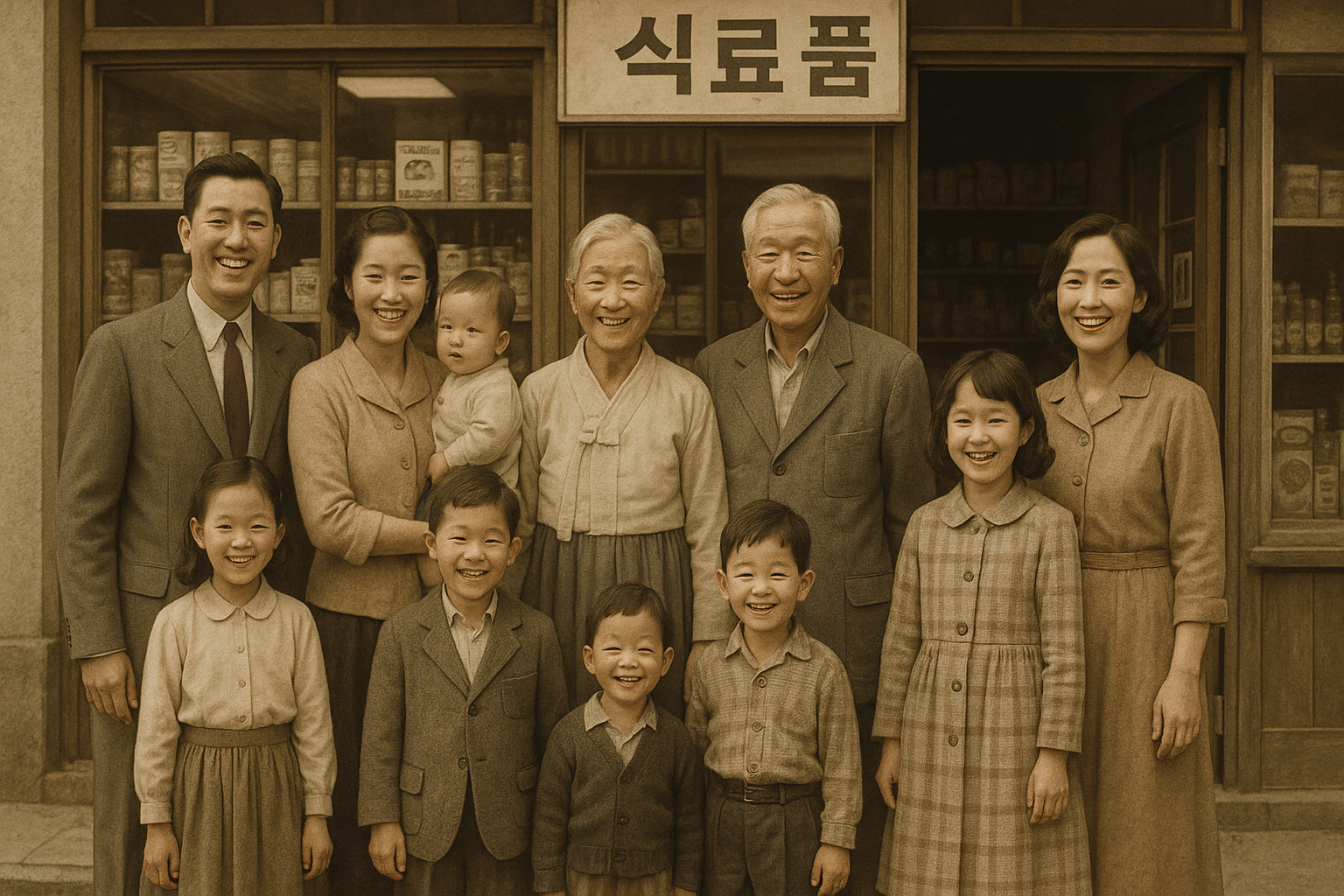 1950년대 10명의 대가족이 동네 작은 마트 앞에 서있는 사진