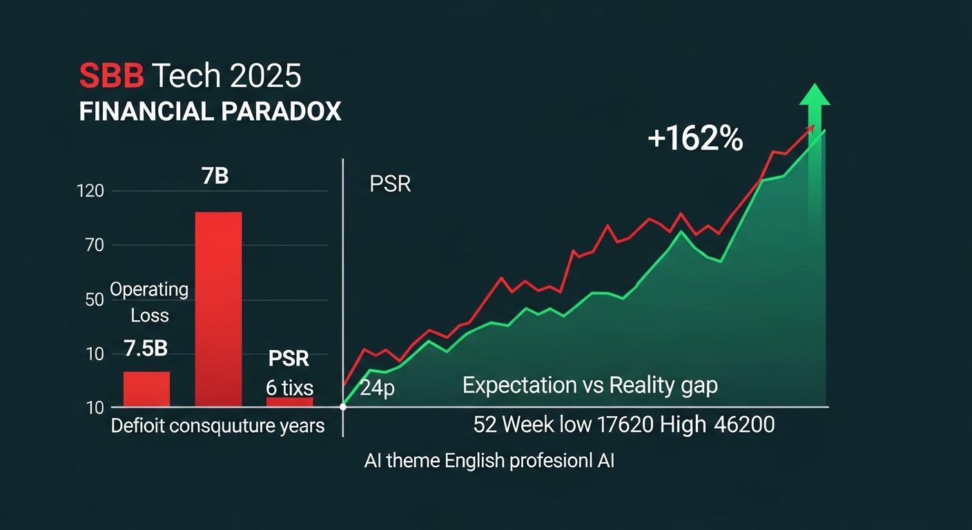 SBB Tech 2025 financial paradox infographic dark teal background left side bar chart revenue 7B small red bar operating loss 7.5B deeper red bar label deficit consecutive years right side stock price chart line sharply rising plus 162 percent green arrow up 52 week low 17620 high 46200 center dividing line label expectation vs reality gap text PSR 24 point 6 times physical AI theme premium English labels professional dark