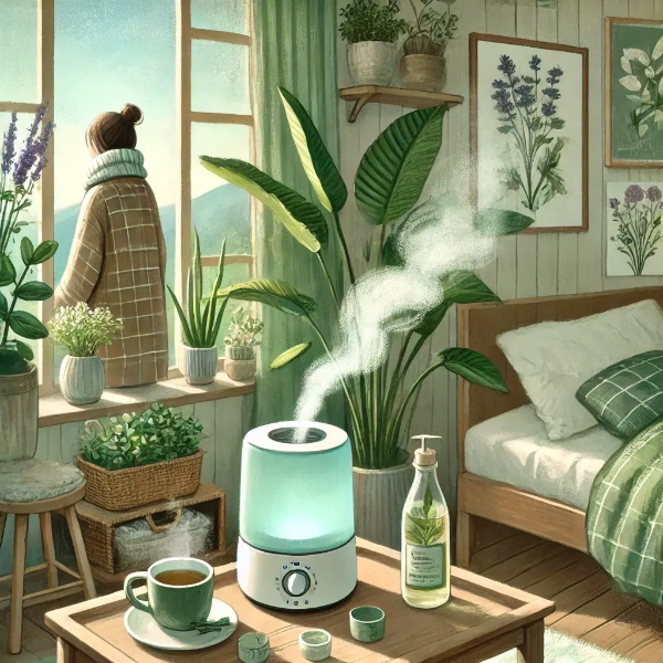 비염 관리 생활 팁 – 가습기, 따뜻한 차, 식물과 자연 환기가 어우러진 따뜻한 일러스트