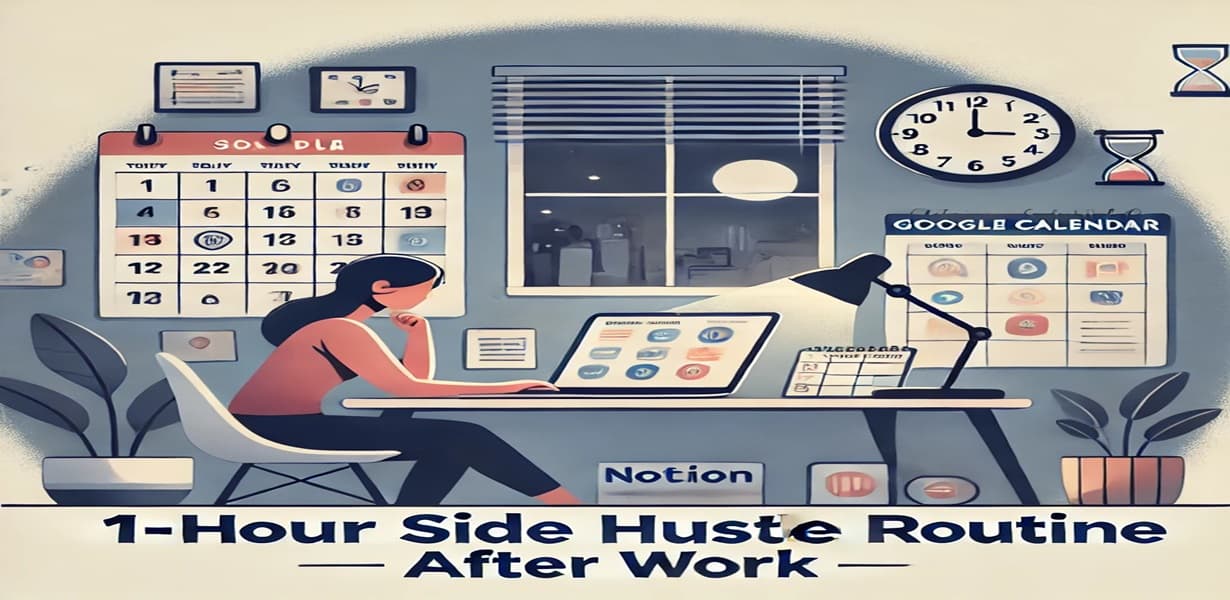 퇴근 후 1시간 부업 루틴을 보여주는 달력과 책상 앞 루틴 실행 장면의 일러스트