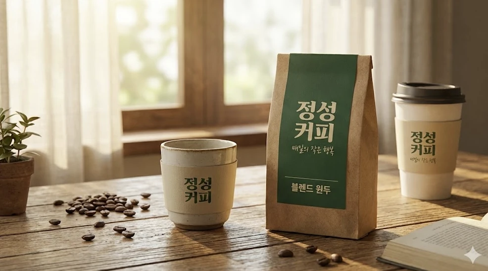 한글 브랜드 로고가 들어간 제품 목업 프롬프트 결과물