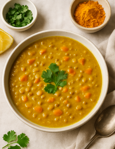 넓은 볼에 담긴 강황 렌틸콩 수프 위에 고수잎이 한장 놓여 있는 모습. 작은 볼에는 각각 고수잎과 강황이 담겨 있다.