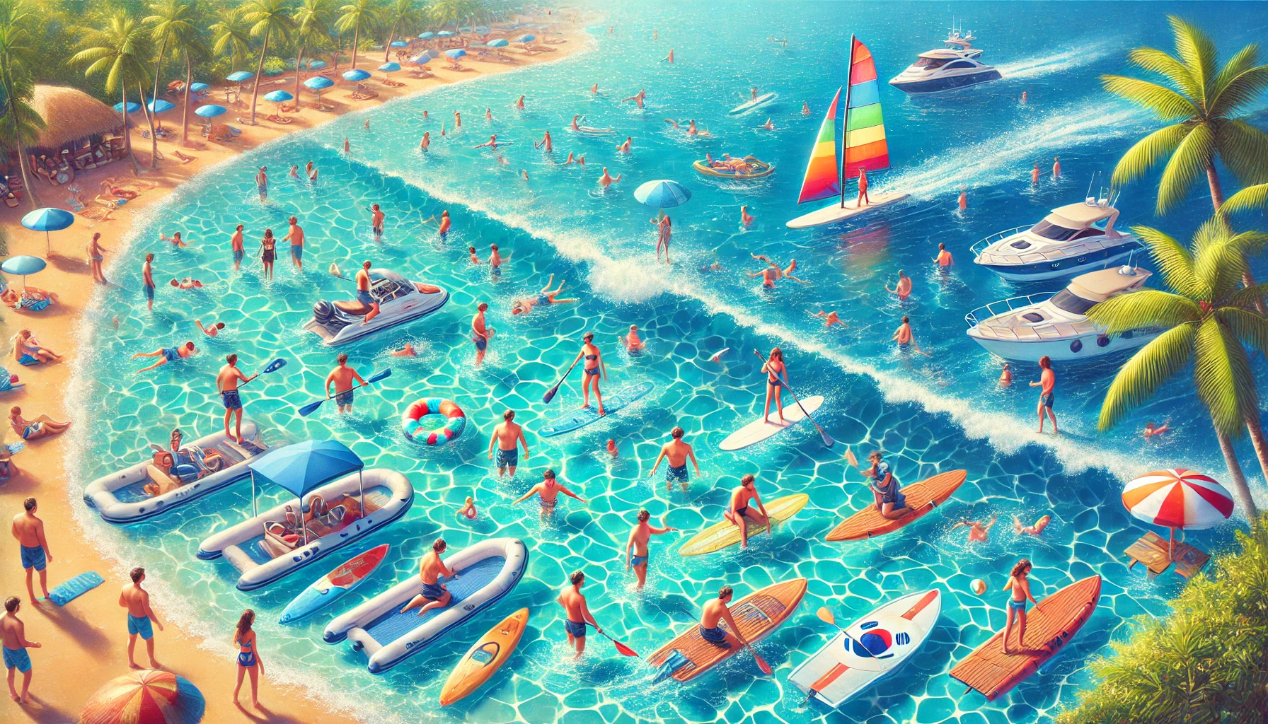 하와이의 푸른 바다와 액티비티를 즐기는 사람들의 풍경을 담은 이미지