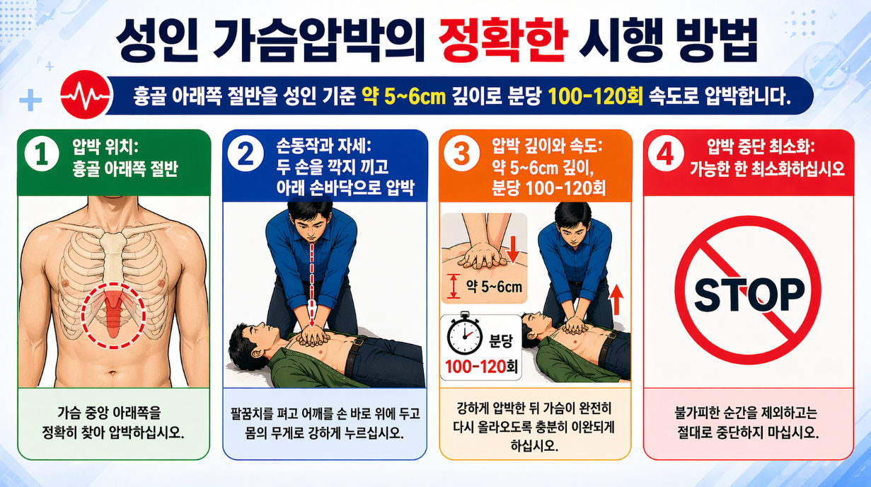 성인 가슴압박 정확한 방법, 위치·자세·깊이·속도 기준 안내