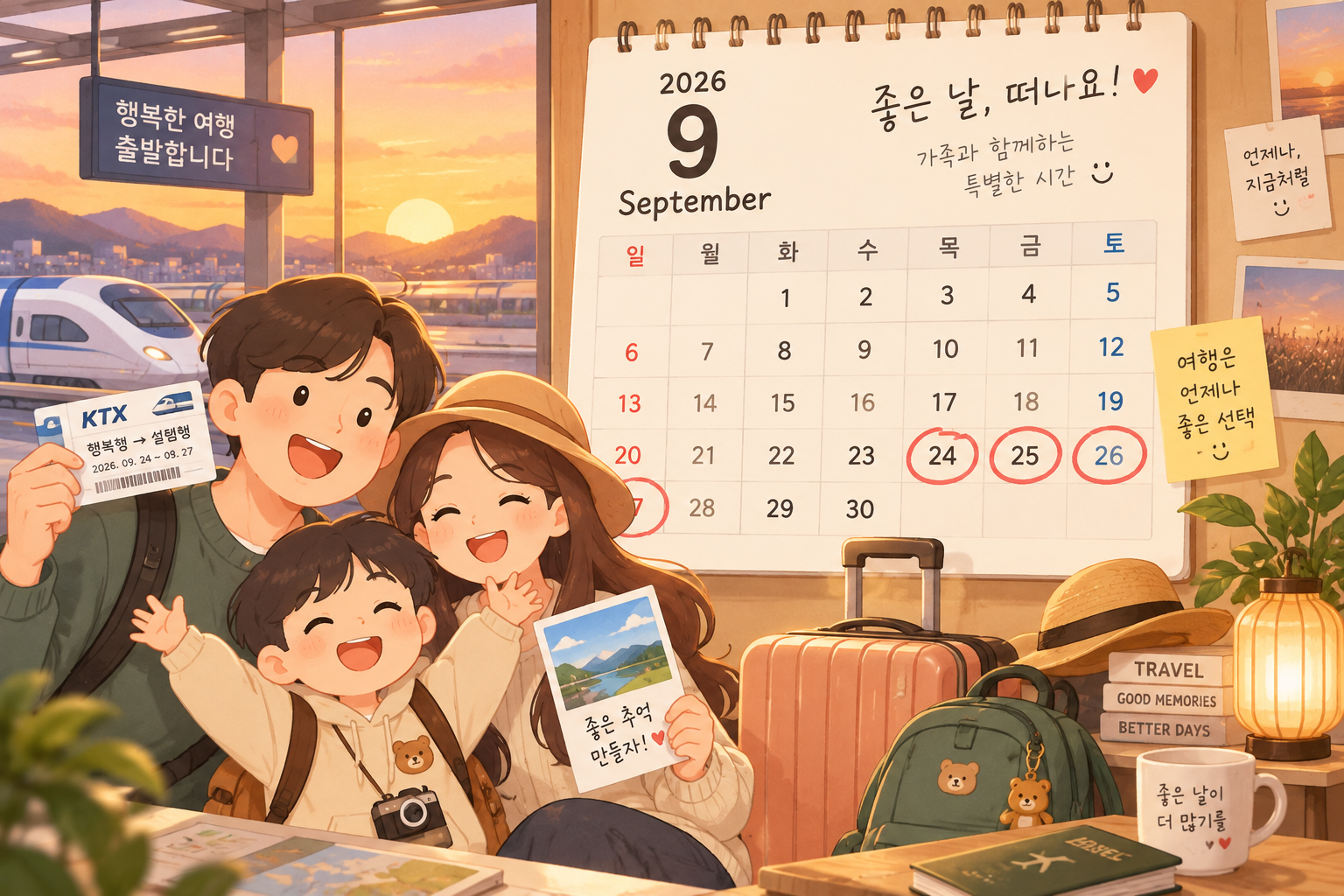 2026년 9월 추석 연휴 달력과 가족 여행 캐릭터 일러스트