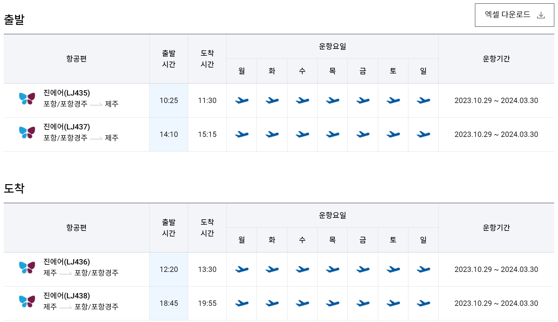 제주공항-포항공항 비행기 시간표