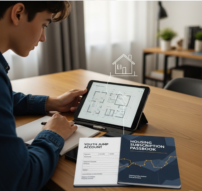 청년이 태블릿을 보며 주택 도면을 살피고 있고, 옆에는 청년도약계좌와 주택청약 통장이 놓여 있다. 꿈꾸는 집을 향한 금융 로드맵을 상징한다