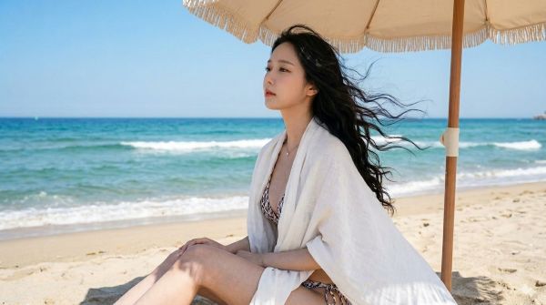 비치파라솔 아래 앉아 바다를 바라보는 여인