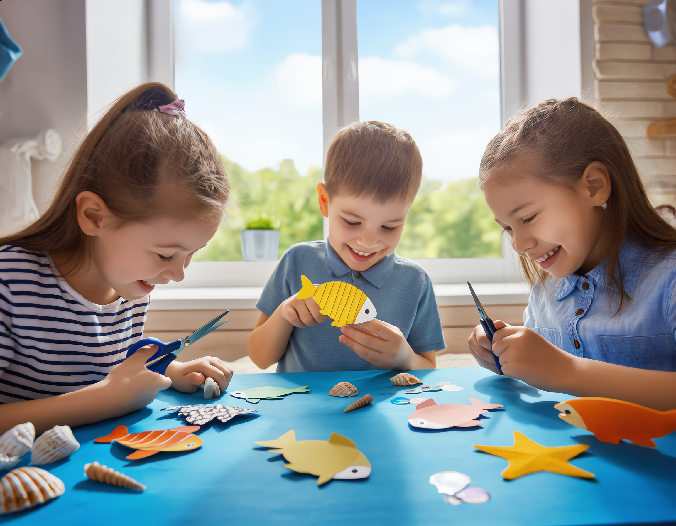 **Output:**
밝은 방 안에서 5-8세의 아이들이 해양 생물 DIY 키트를 만들며 환하게 웃고 있습니다. 파란색 테이블 위에 물고기 모형, 별 모양 스티커, 조개 껍데기 등 다양한 공예 재료가 흩어져 있고, 아이들은 집중하면서도 신나는 표정으로 가위와 풀을 사용하고 있습니다. 따뜻한 자연광이 비추는 밝은 분위기 속에서 완성된 작품들은 화려한 색상으로 테이블 가장자리에 진열되어 있습니다.