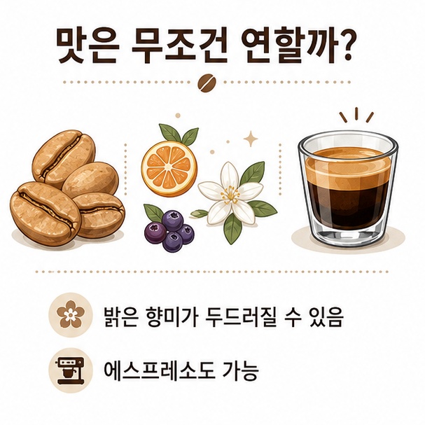 블론드 커피의 밝은 향미 특징과 블론드 원두도 에스프레소로 추출할 수 있음을 설명한 이미지