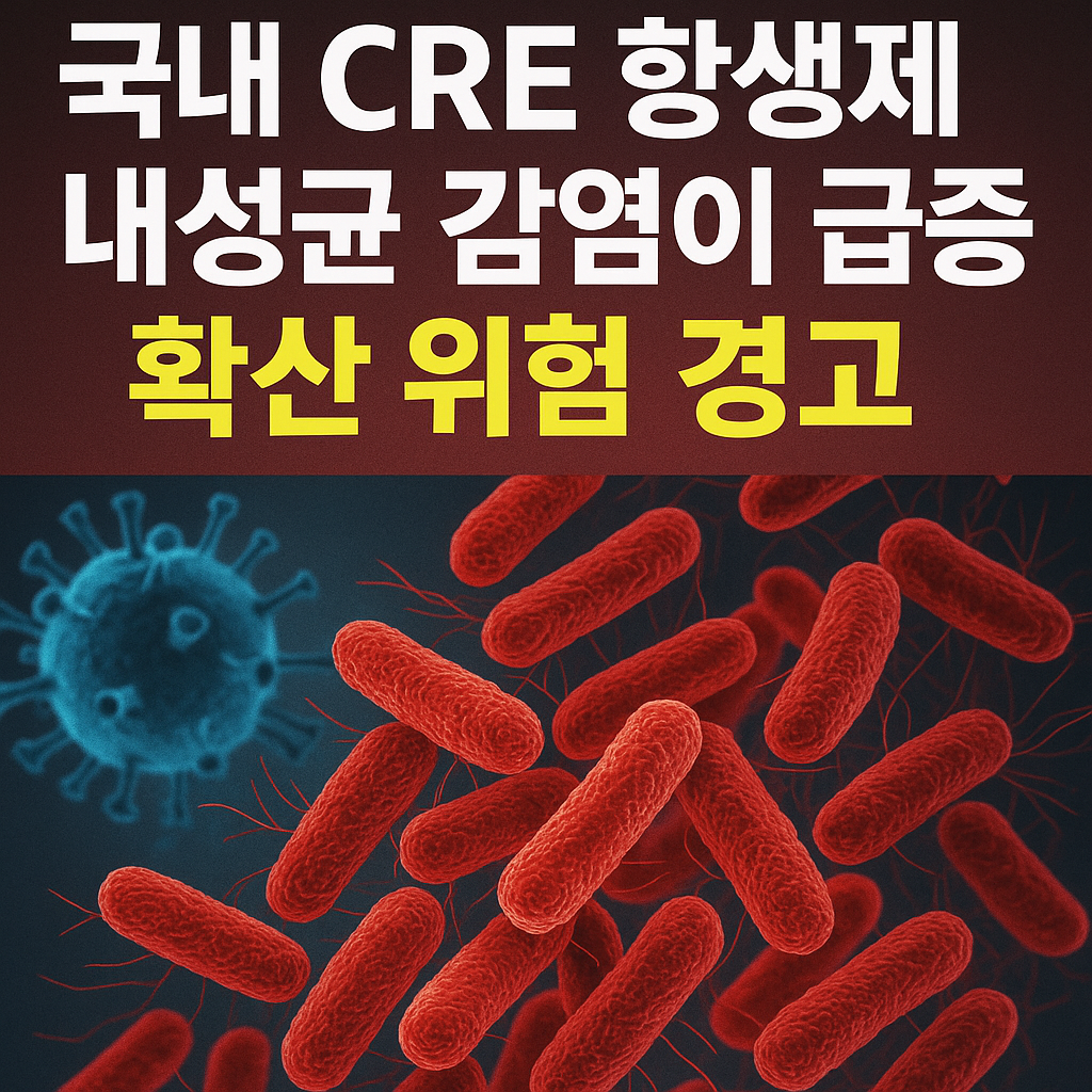 &ldquo;국내 CRE 항생제 내성균 감염이 급증하며 확산 위험을 경고하는 뉴스형 그래픽 이미지&rdquo;