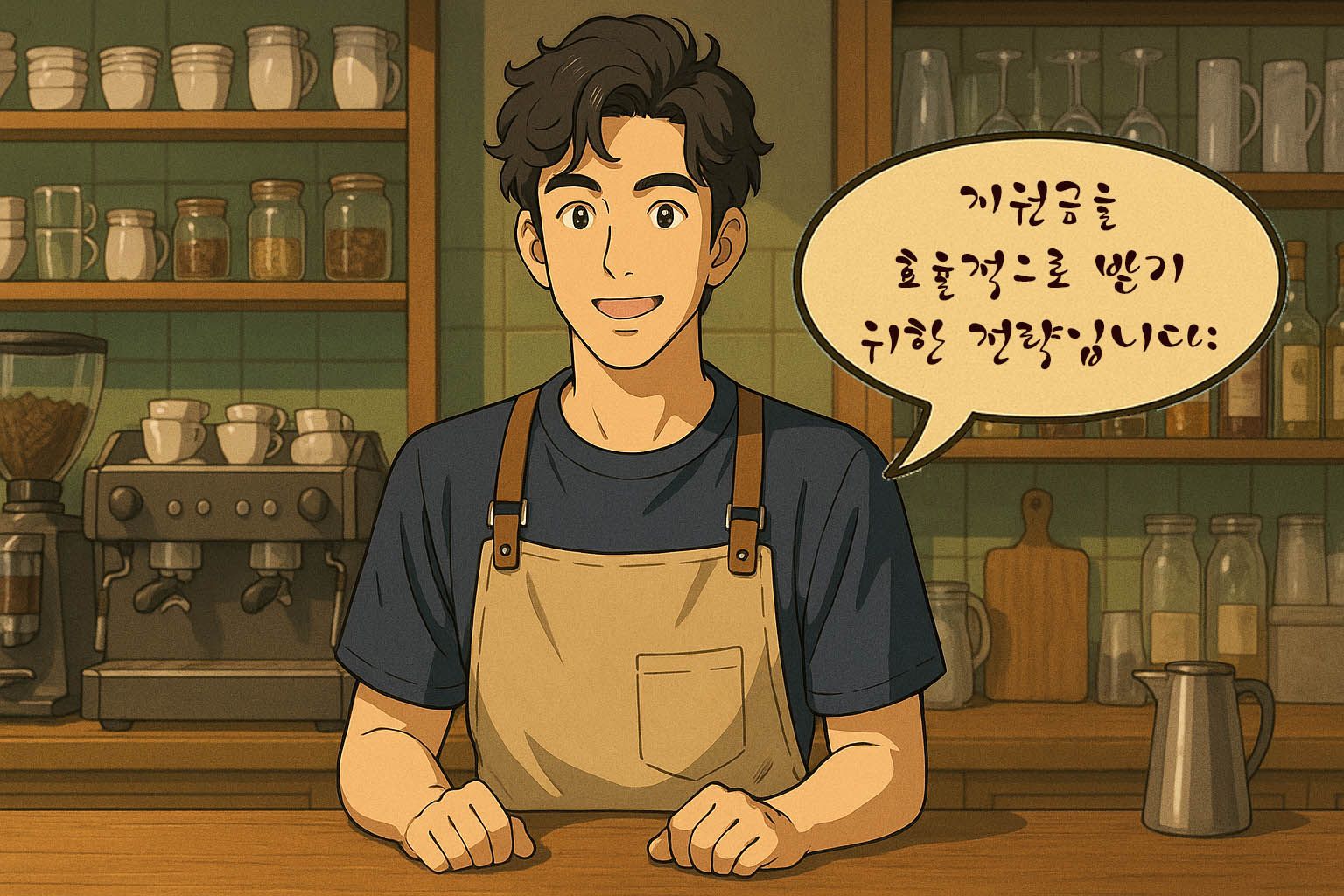 카페 바리스타 복장의 남성이 환하게 웃으며 테이블에 앉아 있고, 말풍선 안에 ‘지원금을 효율적으로 받기 위한 전략입니다’라는 문구가 적힌 장면.