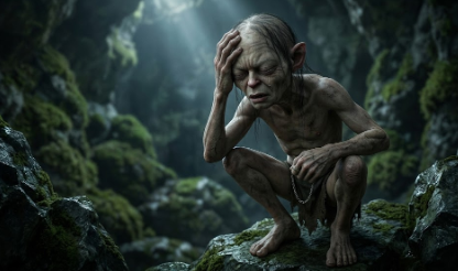 어두운 동굴 속에서 홀로 '소중한 것'을 속삭이는 골룸의 모습 (Gollum in a dark cave whispering to his 'Precious', showing his split personality)