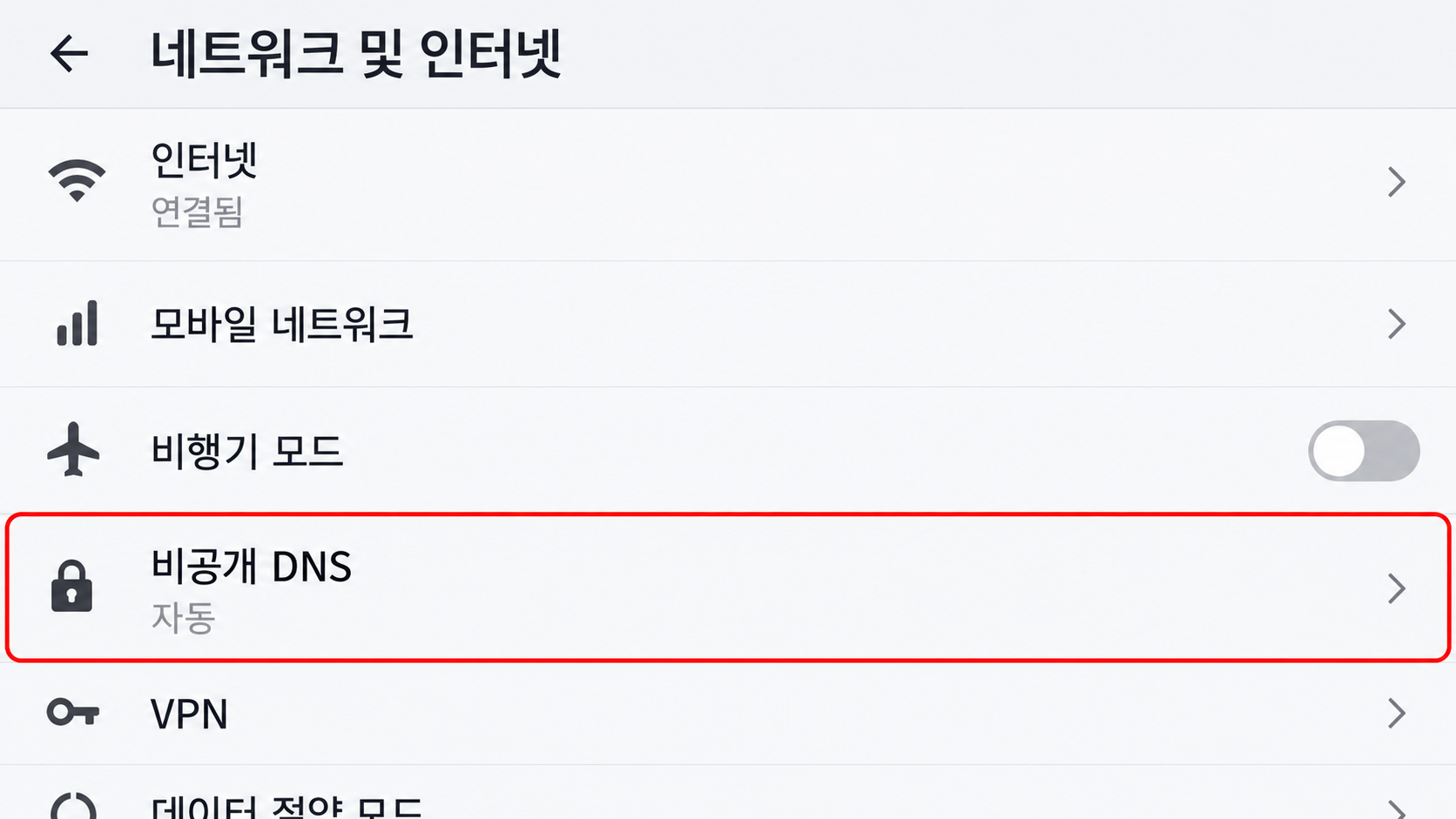 비공개 DNS 설정 화면