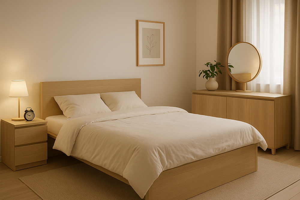 침대와 수납장이 어우러진 아늑한 침실 인테리어 이미지