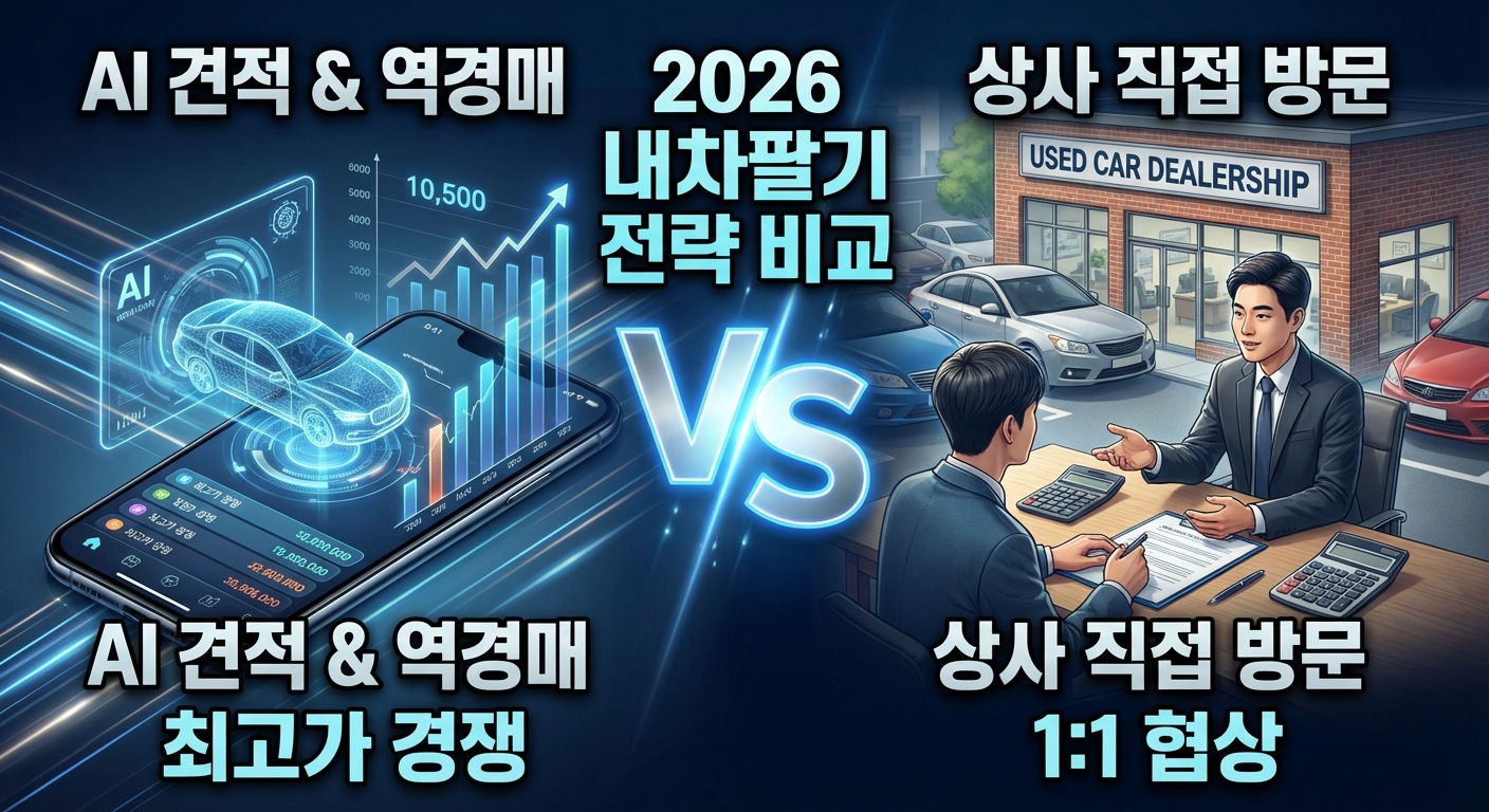 2026년 내차팔기 앱의 AI 견적 및 역경매 방식과 전통적인 상사 직접 방문 협상 방식을 비교하는 썸네일 이미지. 스마트폰 화면과 오프라인 매장의 대비된 모습을 보여준다.