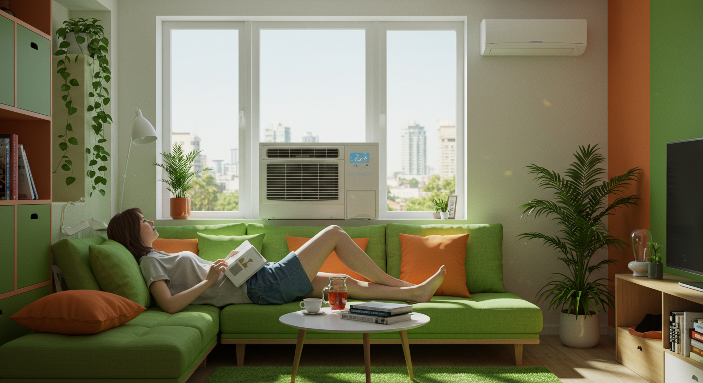 활기찬 그린-오렌지 테마의 현대적인 거실에서 조용하고 효율적인 창문형 에어컨이 시원함을 제공하며 사람이 편안하게 휴식하는 모습.