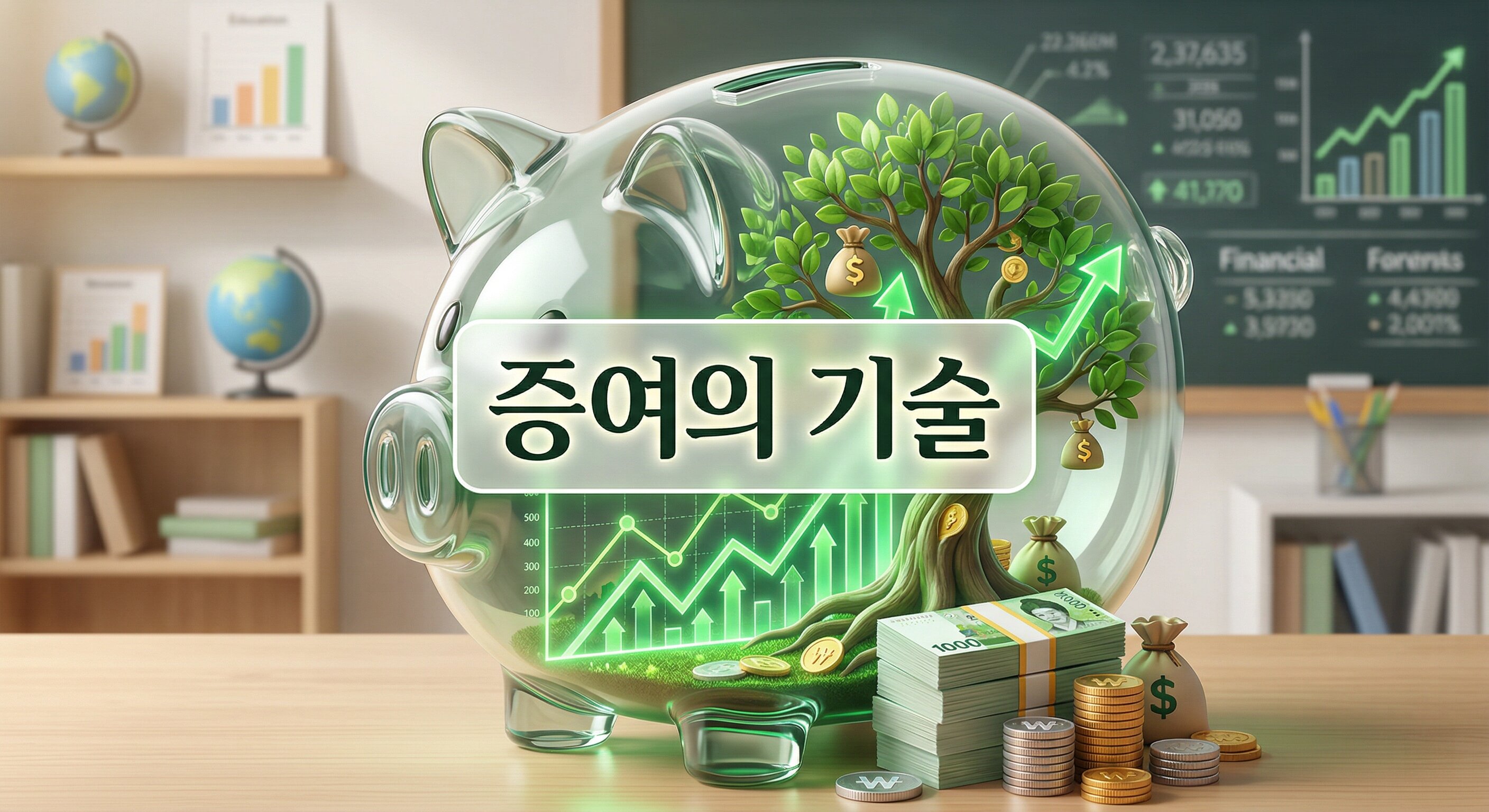 투명한 저금통 안에서 주식 차트가 나무로 자라나고 옆에 현금 뭉치가 있는 배경에 '증여의 기술'이라는 한글 문구가 중앙에 적힌 3D 일러스트