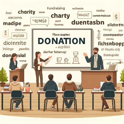 Donation 이라고 쓰여있는 칠판이 앞에 있고 선생님 두명이 강의하고 있다.
